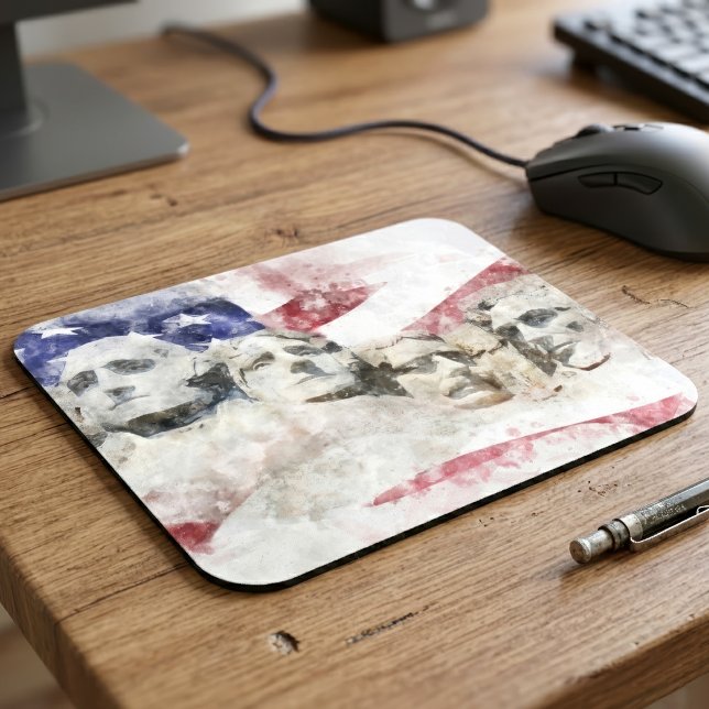 Mousepad Monte Rushmore Aquarela com Bandeira Americana (Mount Rushmore Watercolor with American Flag. Mouse Pad)