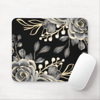 Mousepad Moody Cinza Dourada Black Floral Watercolor