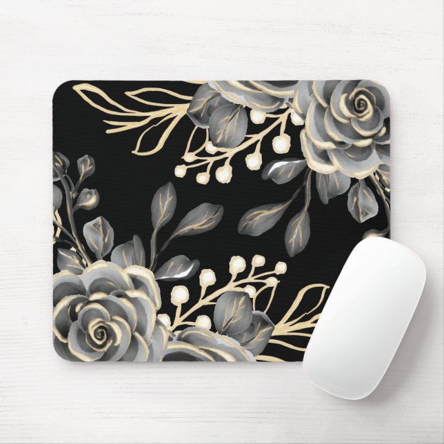 Mousepad Moody Cinza Dourada Black Floral Watercolor (Com mouse)