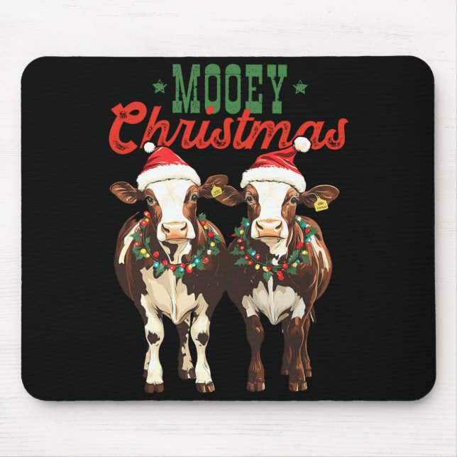 Mousepad Mooey Christmas Cow With Santa Hats Xmas Lights Me (Frente)