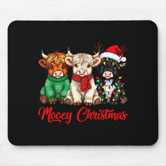 Mousepad Mooey Christmas Lights Santa Hat Xmas Highland Cow (Frente)