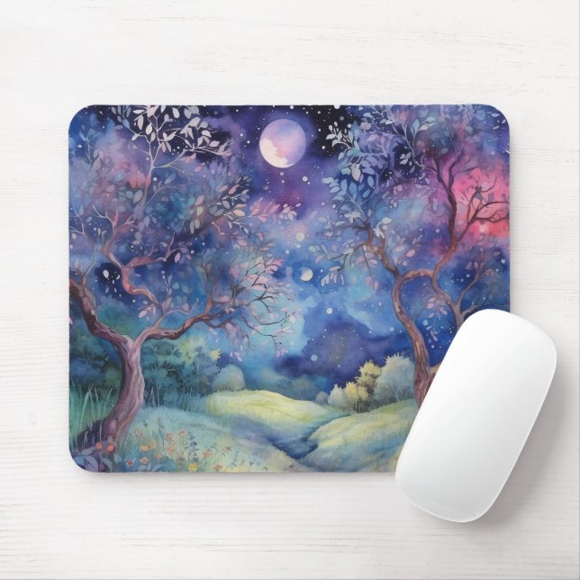 Mousepad Moonlit Enchanted Forest Nightscape (Com mouse)
