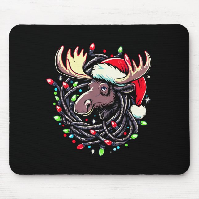 Mousepad Moose Christmas Santa Hat Lights Moose For Kids Wo (Frente)