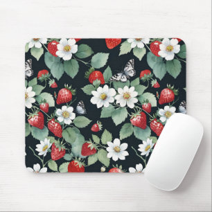 Mousepad Morango com Flores e Borboletas Pretas