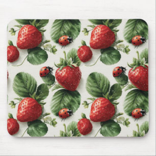 Mousepad Morango de Aquarela e Ladybug Padrão Sem Costura