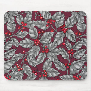 Mousepad Morango Holly, folhas de cinza em vermelho escuro