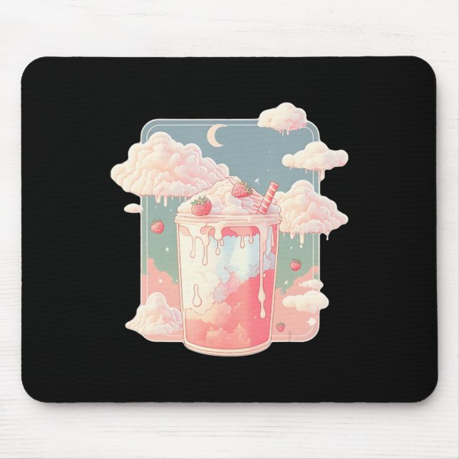 Mousepad Morango Leite Milkshake Kawaii Lofi Cute Pastel (Frente)