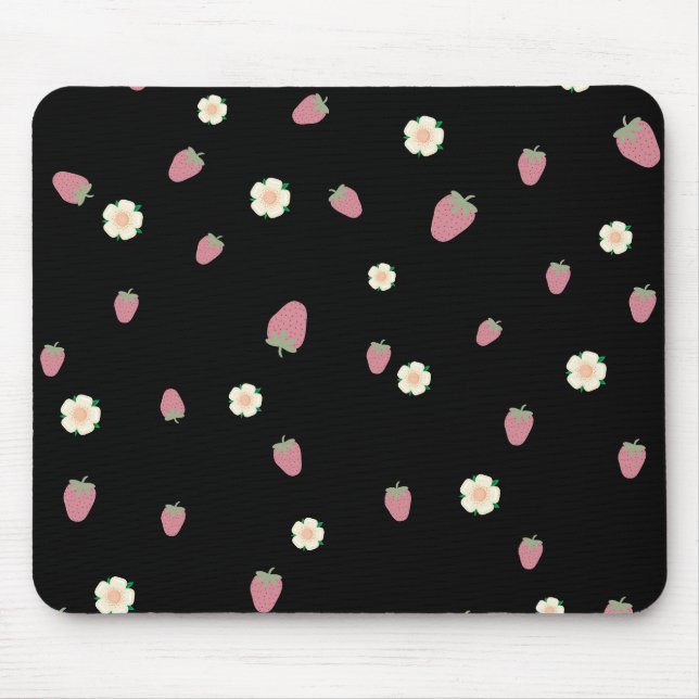 Mousepad Morangos e Flores Padrão Preto (Frente)