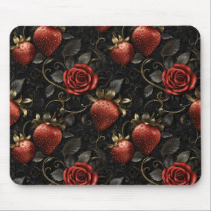 Mousepad Morangos e Rosas Barrocos Padrão Sem Costura