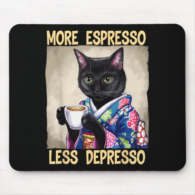 Mousepad More Espresso Less Depresso Japanese Art Funny Cat (Frente)