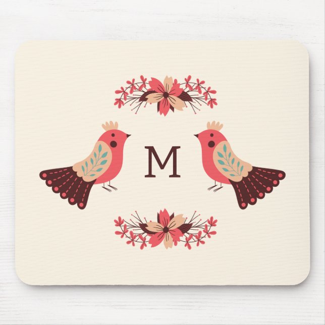 Mousepad Motif popular escandinavo com aves e flores (Frente)