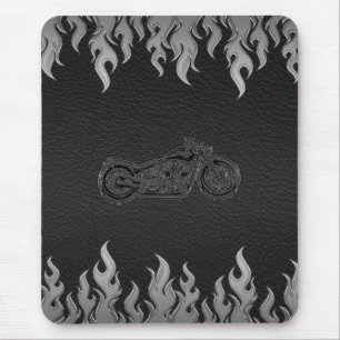 Mousepad Moto Chrome Flames Prata Couro Preto