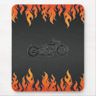 Mousepad Moto Chrome Laranjas Chamas Couro Preto