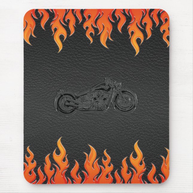 Mousepad Moto Chrome Laranjas Chamas Couro Preto (Frente)