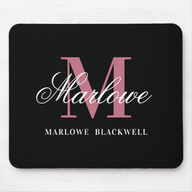 Mousepad Mouse com Script de Monograma Rosa Rosa Blush Mode (Frente)