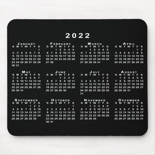 Mousepad Mouse de Calendário 2022 preto e branco simples (Frente)