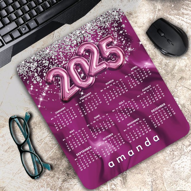 Mousepad Mouse de calendário 2025, cintilador prateado rosa (Criador carregado)