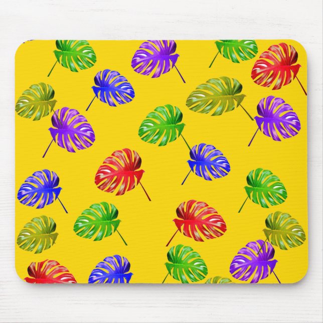 Mousepad Mouse de Fundo Amarelo de Folhas Tropicais (Frente)