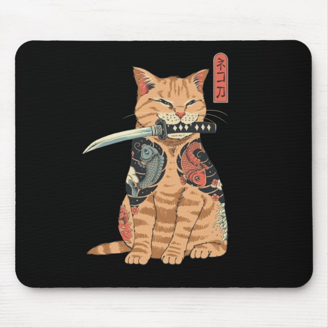 Mousepad Mouse Gato Samurai Japonês ruim (Frente)