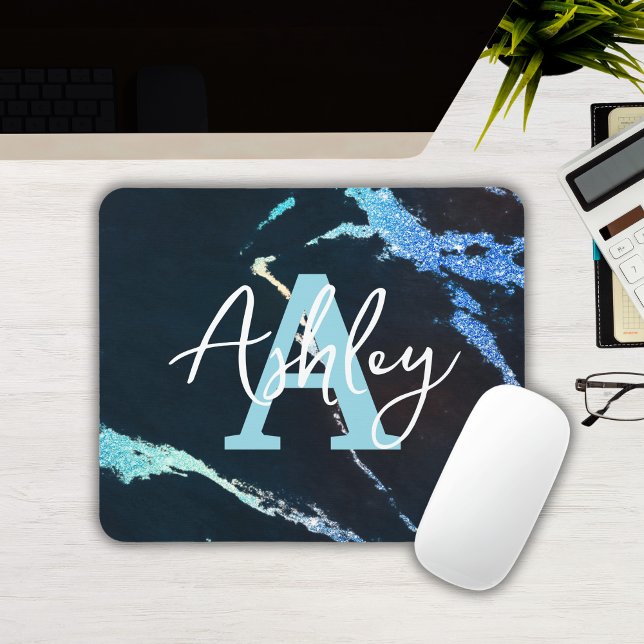 Mousepad Mouse Personalizado Monograma Azul-Marble Glitter (Custom Monogrammed Blue Glitter Marble Mousepad
)