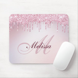 Mousepad mouse rosa dourado com brilho roxo monograma