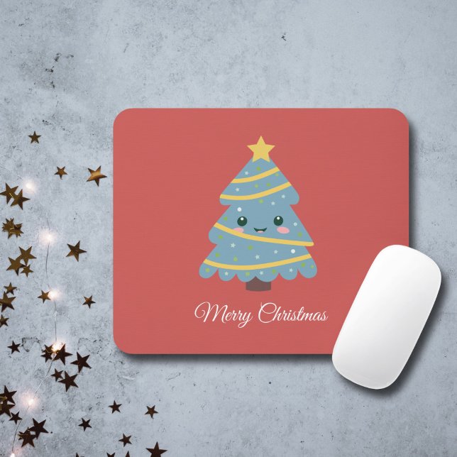 Mousepad Mouse Vermelho com Árvore de Natal Kawaii (Red Mouse Pad with Kawaii Christmas Tree)