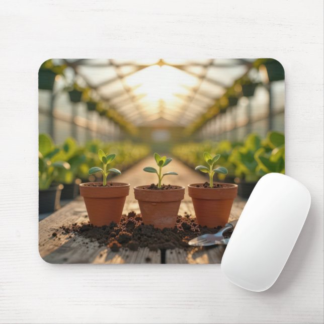 Mousepad Muda de planta de estufa em vasos de barro (Com mouse)