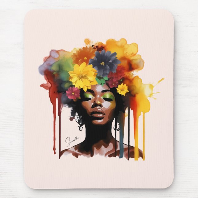 Mousepad Mulher afro-americana com cabelo afro floral (Frente)