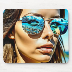 Mousepad Mulher Bonita com Reflexo de Óculos de Sol de Prai