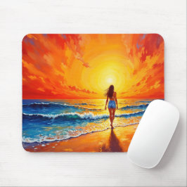 Mousepad Mulher caminhando na praia do oceano quente pôr do