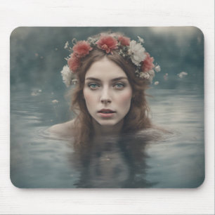 Mousepad Mulher com flores na cabeça flutuando em uma lagoa