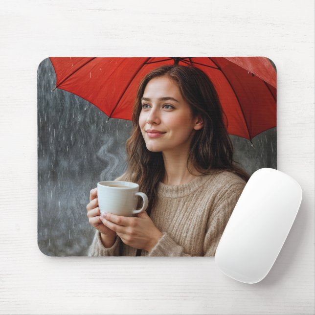 Mousepad Mulher com taça quente de café sob guarda-chuva ve (Com mouse)