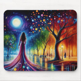 Mousepad Mulher de vestido fluindo caminhando na floresta c