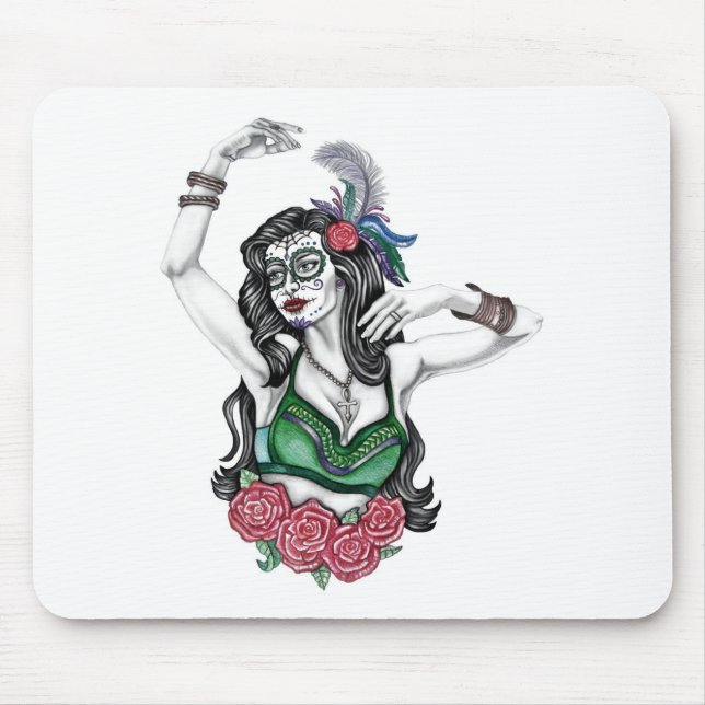 Mousepad Mulher do crânio de açúcar com Rosas (Frente)