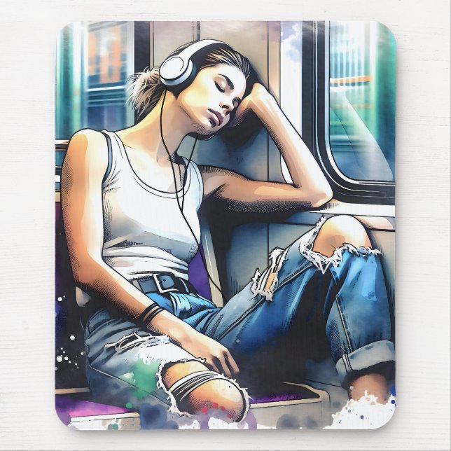 Mousepad Mulher dormindo no metrô ouvindo música (Frente)