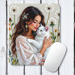 Mousepad Mulher e Gato Branco e Dandelions
