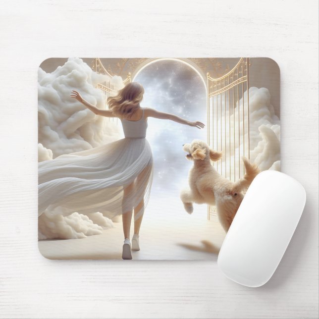 Mousepad Mulher e Goldendoodle na Porta do Céu (Com mouse)
