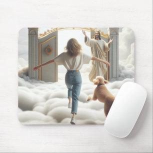 Mousepad Mulher e Labradoodle na porta do céu