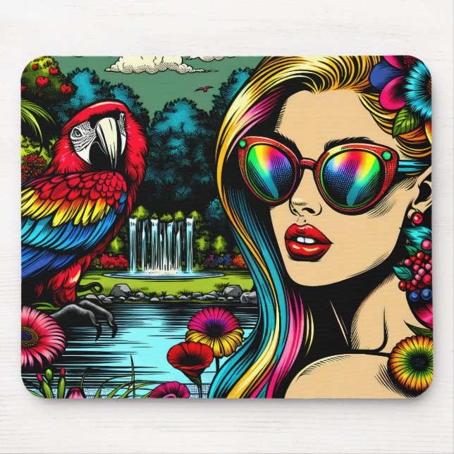 Mousepad Mulher e Papagaio no Parque Pop Art (Frente)