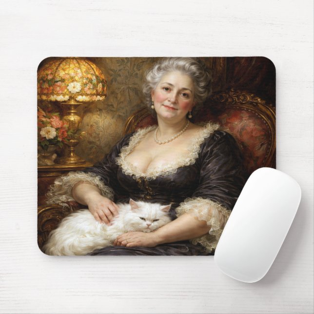 Mousepad Mulher Elegante Barroca com Gato Branco (Com mouse)