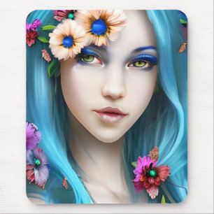 Mousepad Mulher etérea com flores em seu cabelo azul