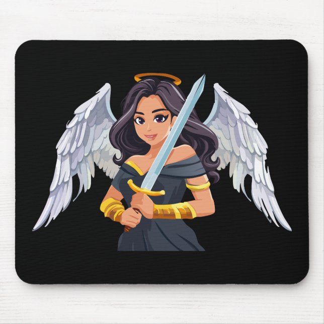 Mousepad Mulher fofa Anjo com asas abertas e espada (Frente)
