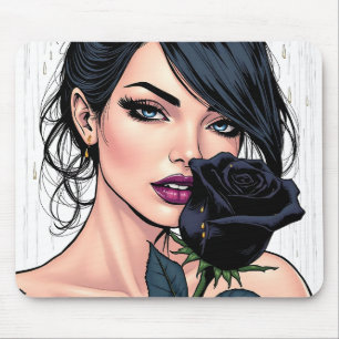 Mousepad Mulher Gótica Mal-humorada com Rosa Estética Escur