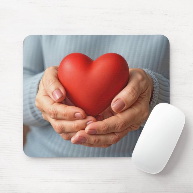 Mousepad Mulher Idosa Segurando um Coração Vermelho (Com mouse)