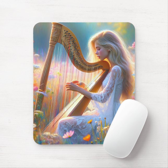 Mousepad Mulher jogando harpa em flores silvestres (Com mouse)