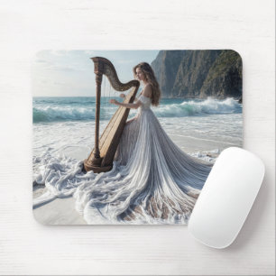Mousepad Mulher jogando harpa no litoral
