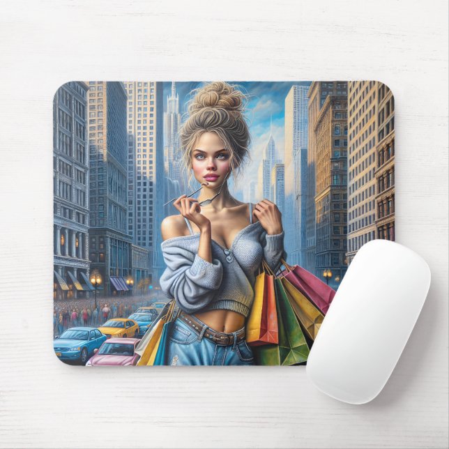 Mousepad Mulher Jovem Comprando Na Grande Cidade (Com mouse)