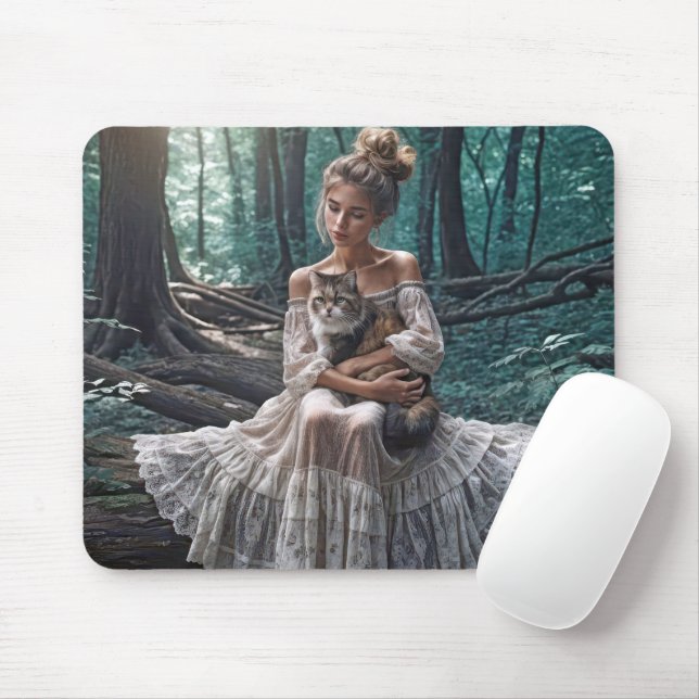 Mousepad Mulher jovem em bosque com gato (Com mouse)