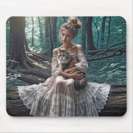 Mousepad Mulher jovem em bosque com gato
