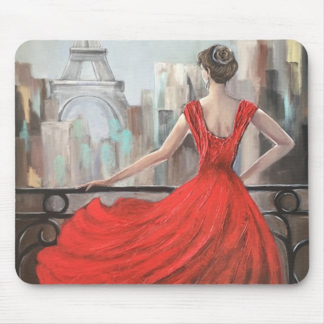 Mousepad Mulher moça Vestindo vestido vermelho em Paris (Frente)